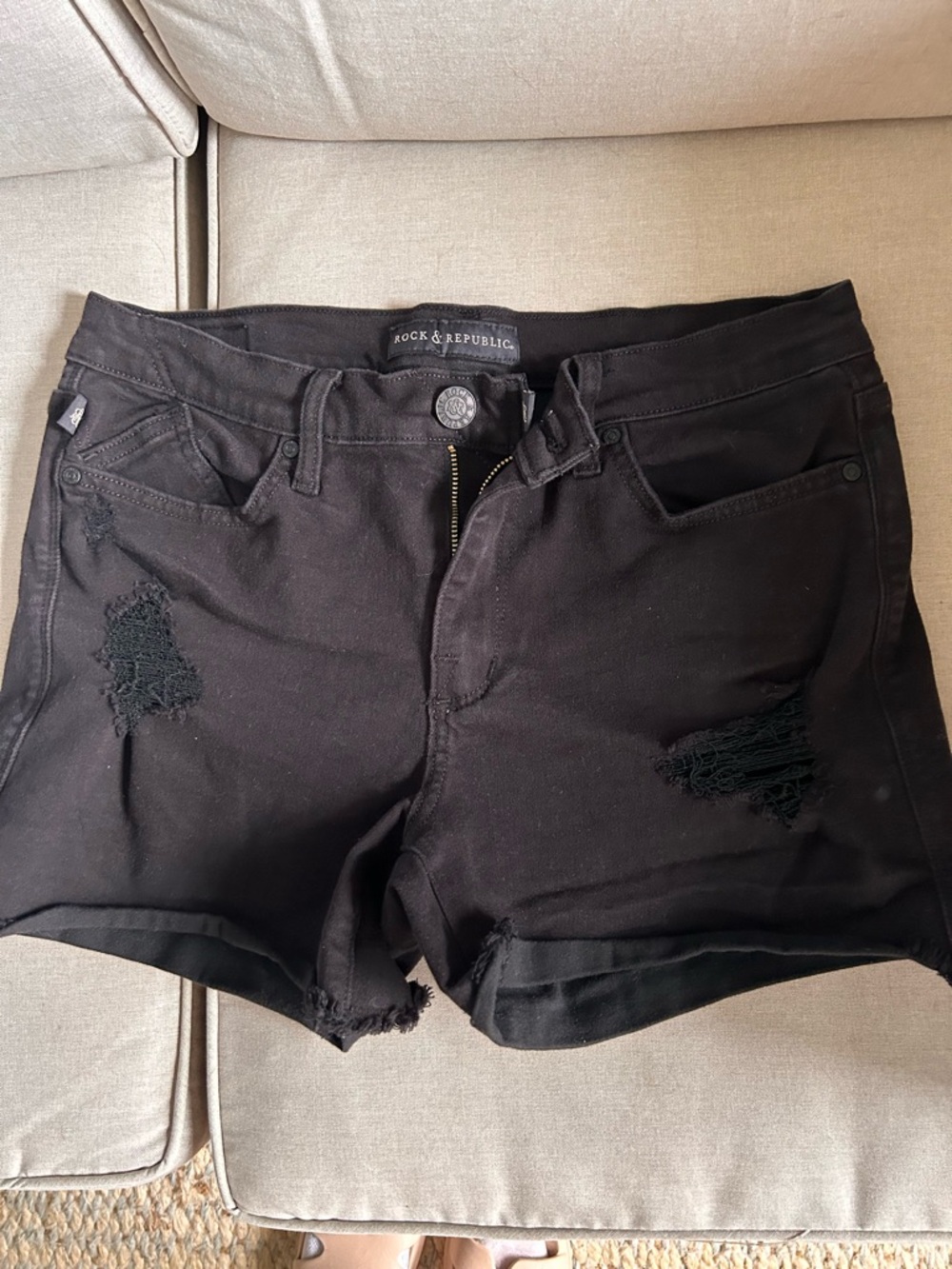 Rock & Republic Black Distressed Roll-Cuff Denim Shorts